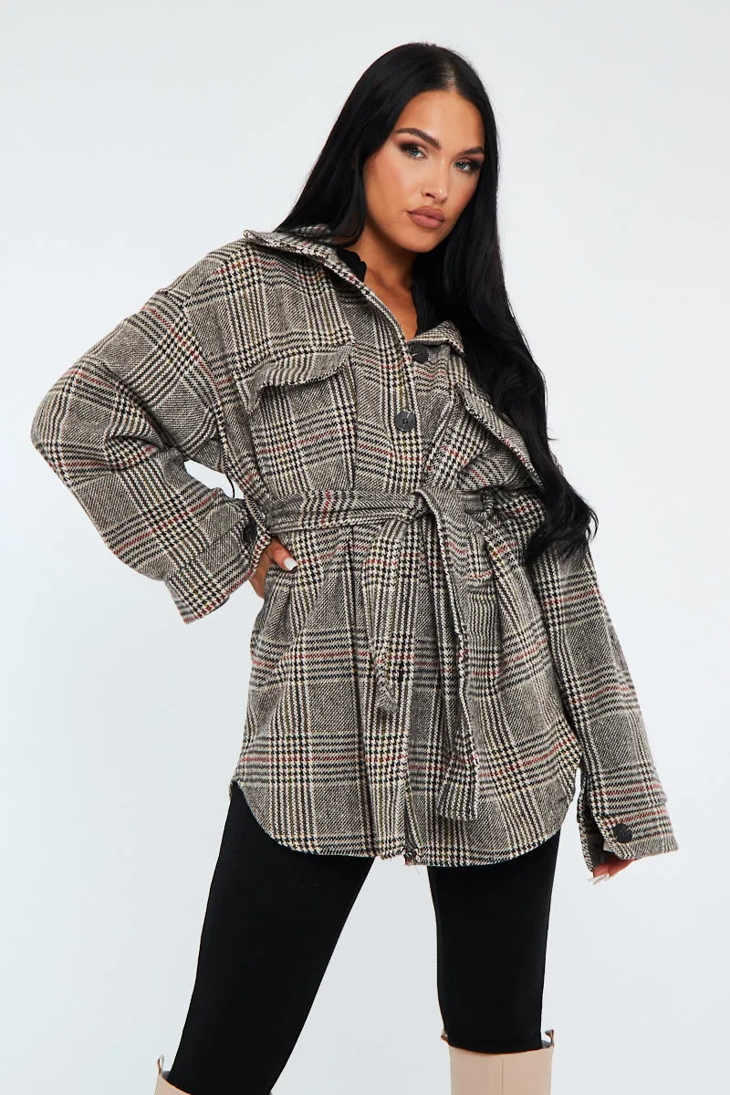 Brown Checked Belted Pocket Front Shacket - Christi