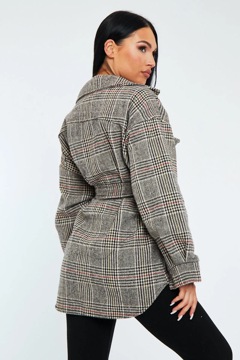 Brown Checked Belted Pocket Front Shacket - Christi