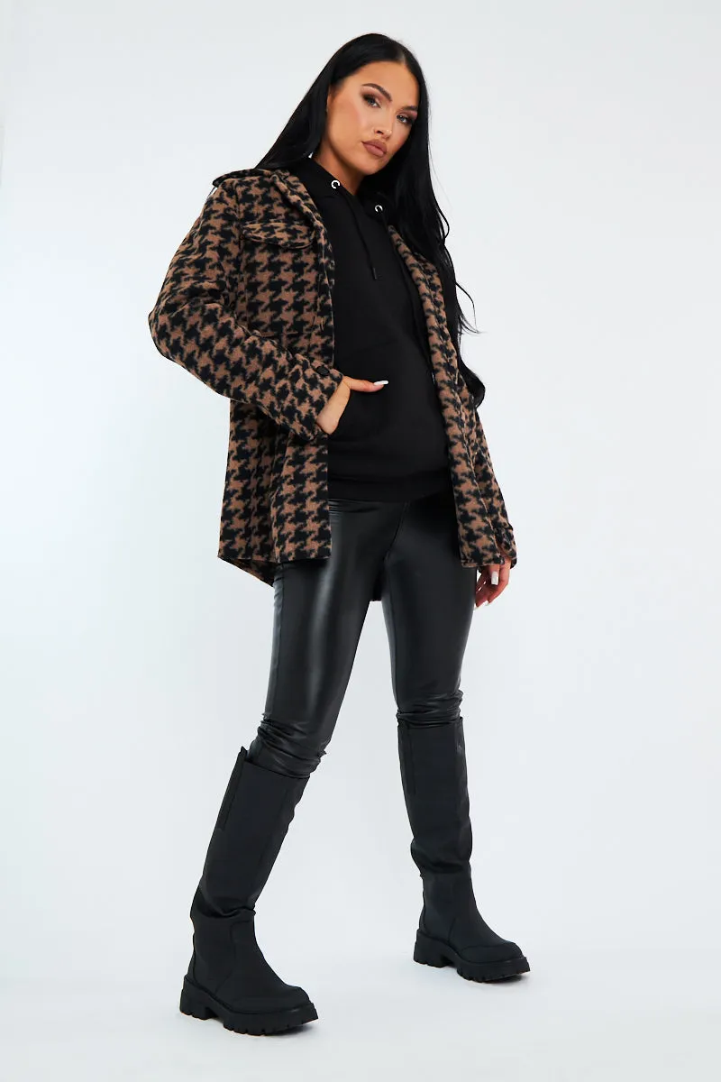 Brown Houndstooth Pocket Front Shacket - Aleri