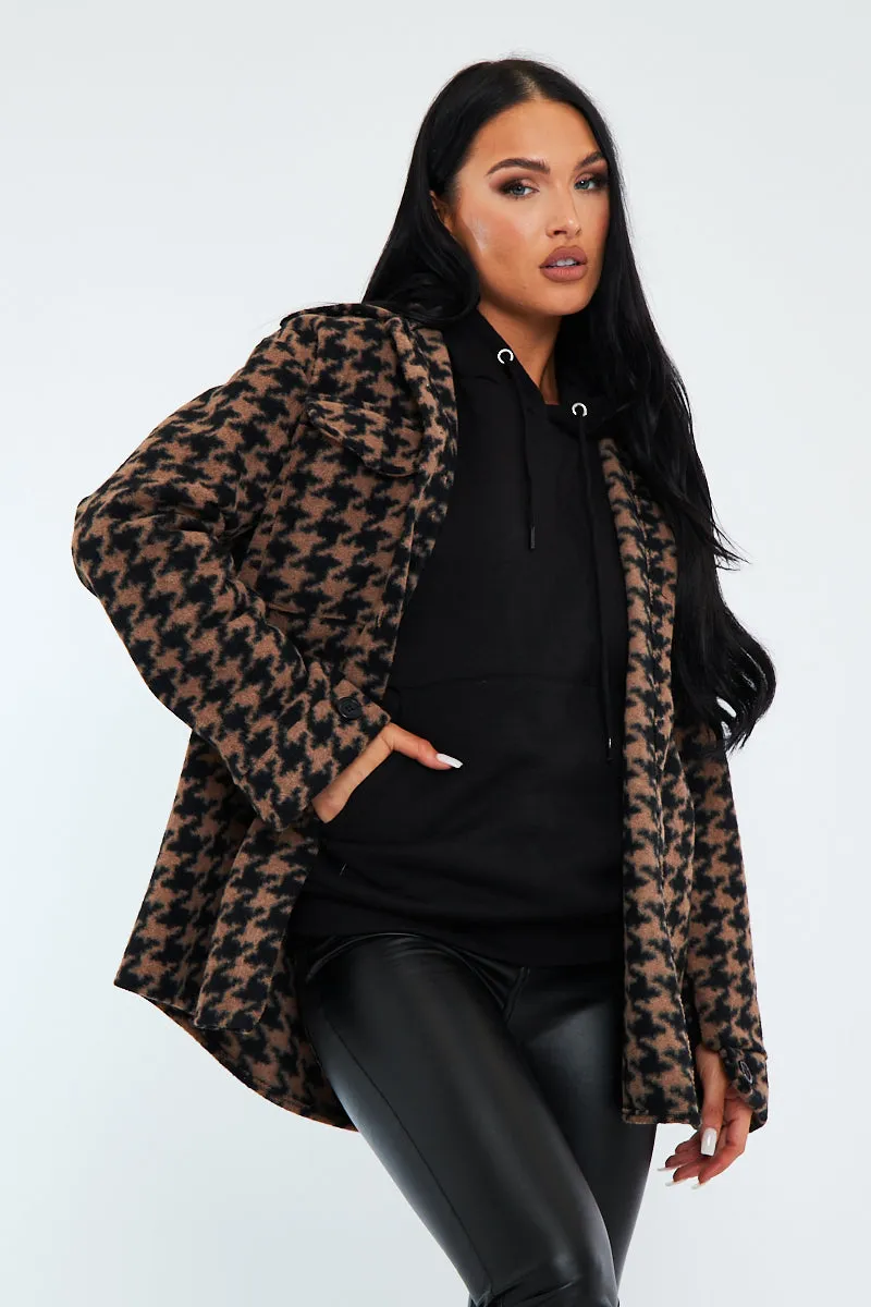 Brown Houndstooth Pocket Front Shacket - Aleri