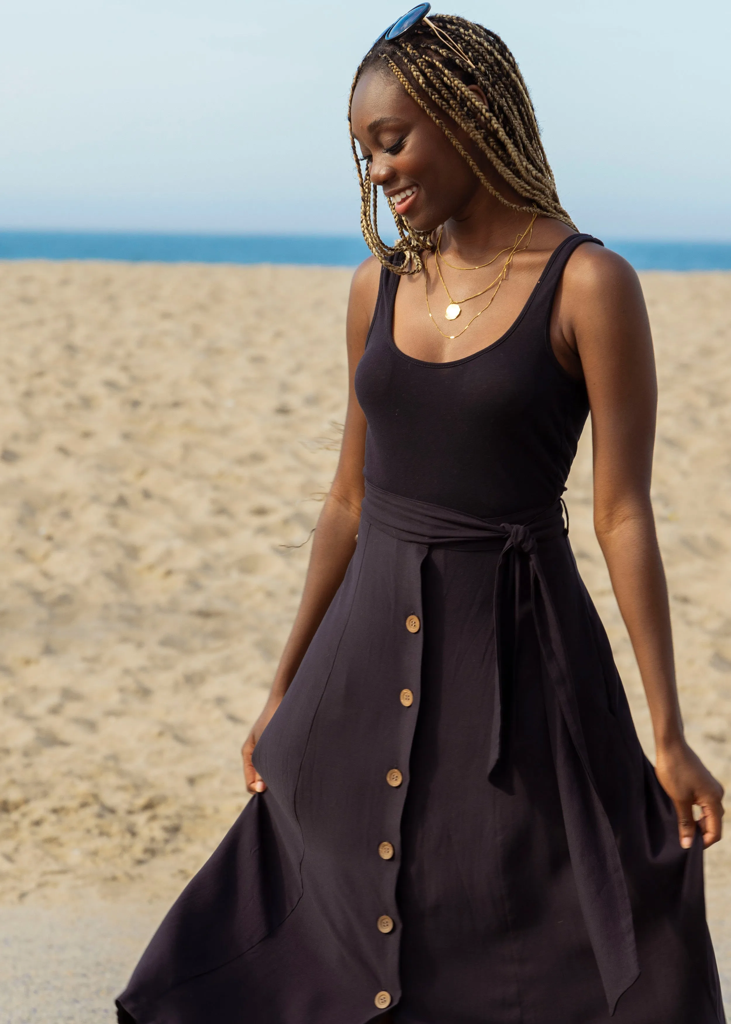 button-down midi skirt in ebony