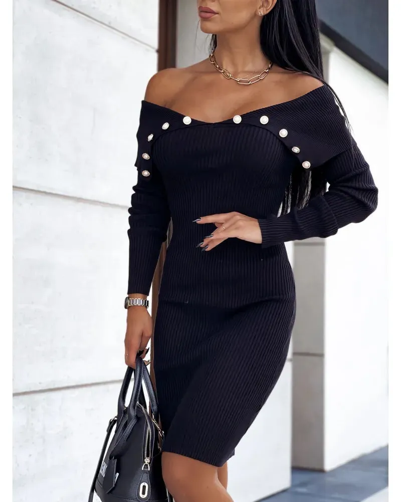 Buttoned Cinched Waist Long Sleeve Knitted Bodycon Dress