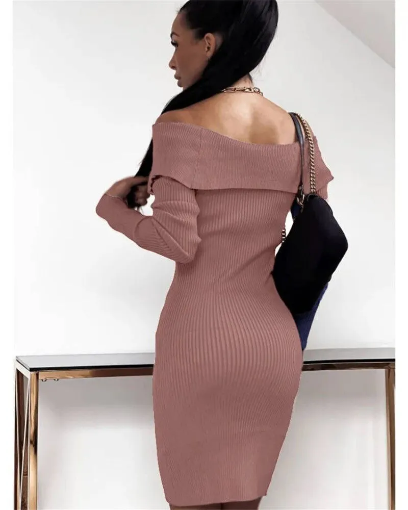 Buttoned Cinched Waist Long Sleeve Knitted Bodycon Dress