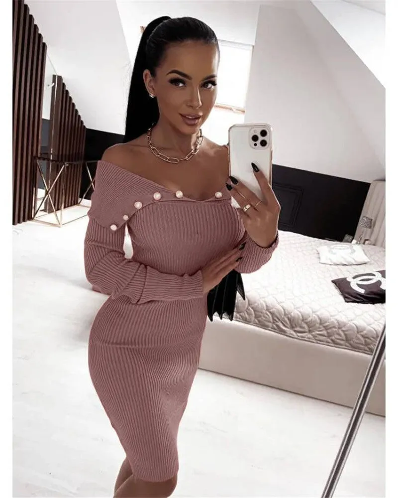 Buttoned Cinched Waist Long Sleeve Knitted Bodycon Dress