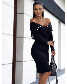 Buttoned Cinched Waist Long Sleeve Knitted Bodycon Dress