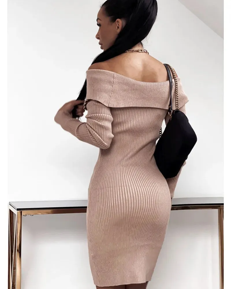 Buttoned Cinched Waist Long Sleeve Knitted Bodycon Dress