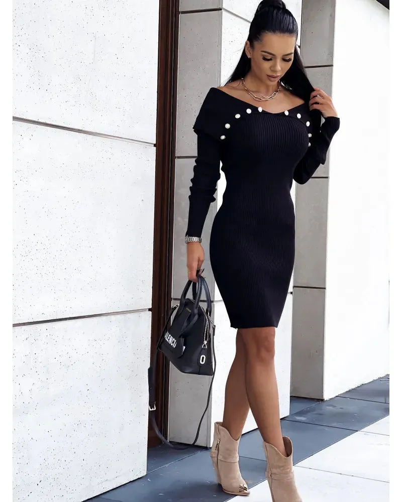 Buttoned Cinched Waist Long Sleeve Knitted Bodycon Dress