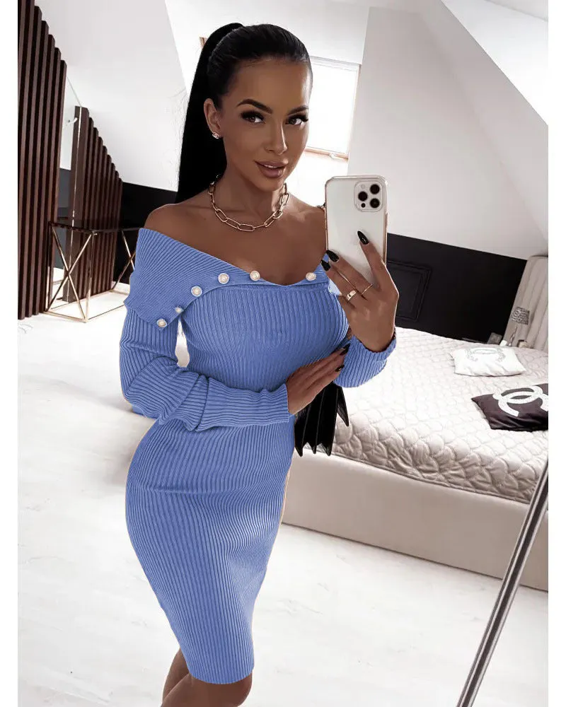 Buttoned Cinched Waist Long Sleeve Knitted Bodycon Dress