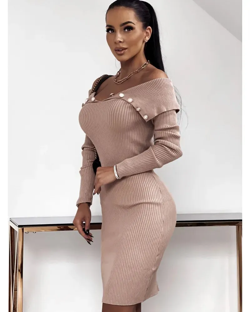 Buttoned Cinched Waist Long Sleeve Knitted Bodycon Dress