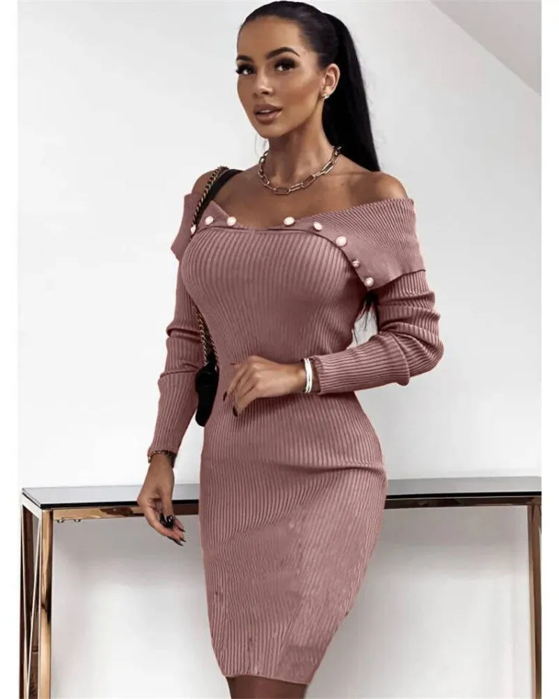 Buttoned Cinched Waist Long Sleeve Knitted Bodycon Dress