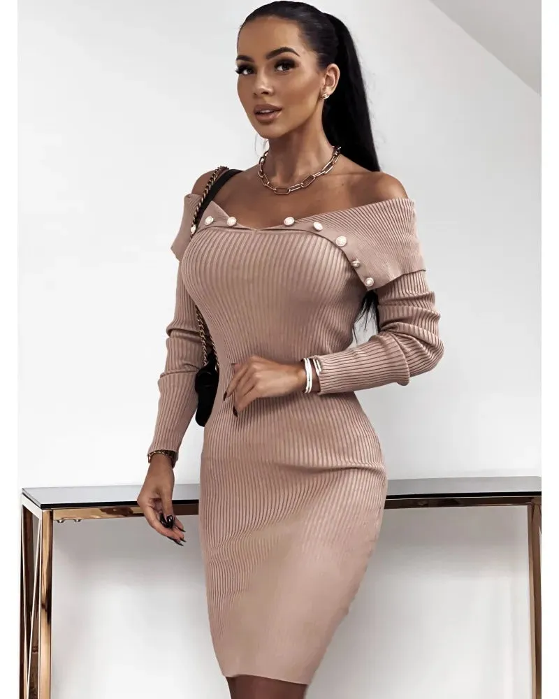 Buttoned Cinched Waist Long Sleeve Knitted Bodycon Dress