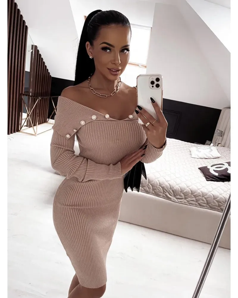 Buttoned Cinched Waist Long Sleeve Knitted Bodycon Dress