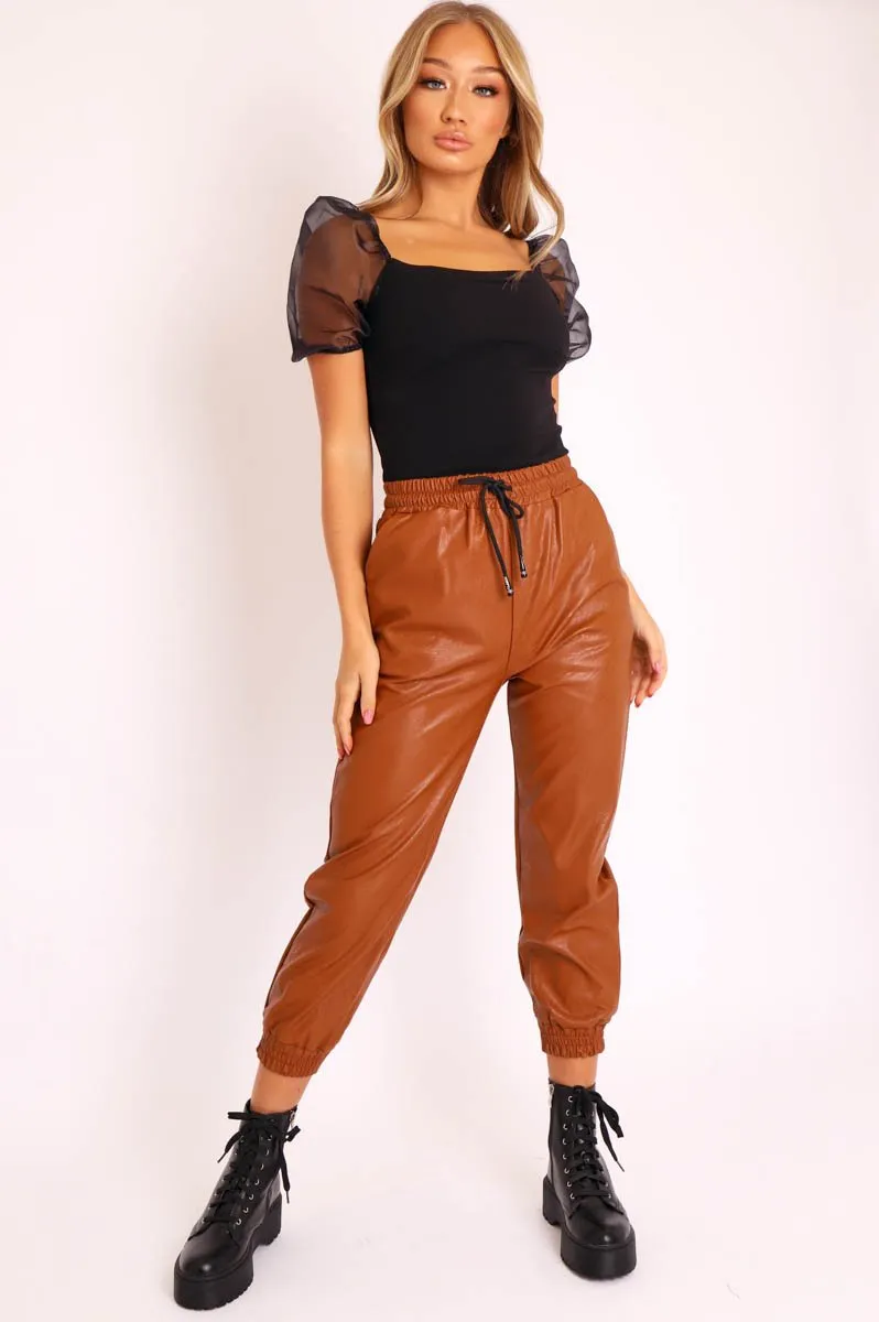 Camel Faux Leather Drawstring Waist Joggers - Persia