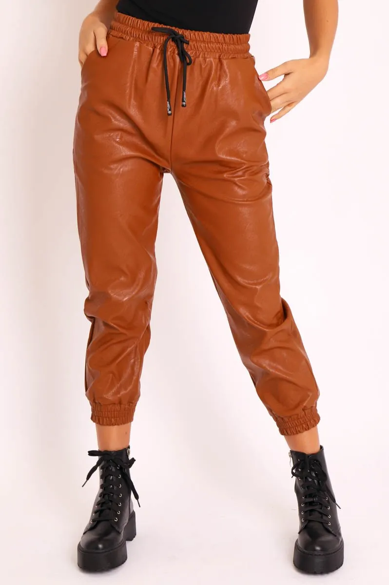 Camel Faux Leather Drawstring Waist Joggers - Persia