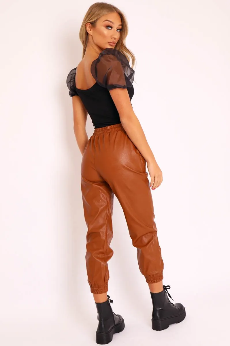 Camel Faux Leather Drawstring Waist Joggers - Persia