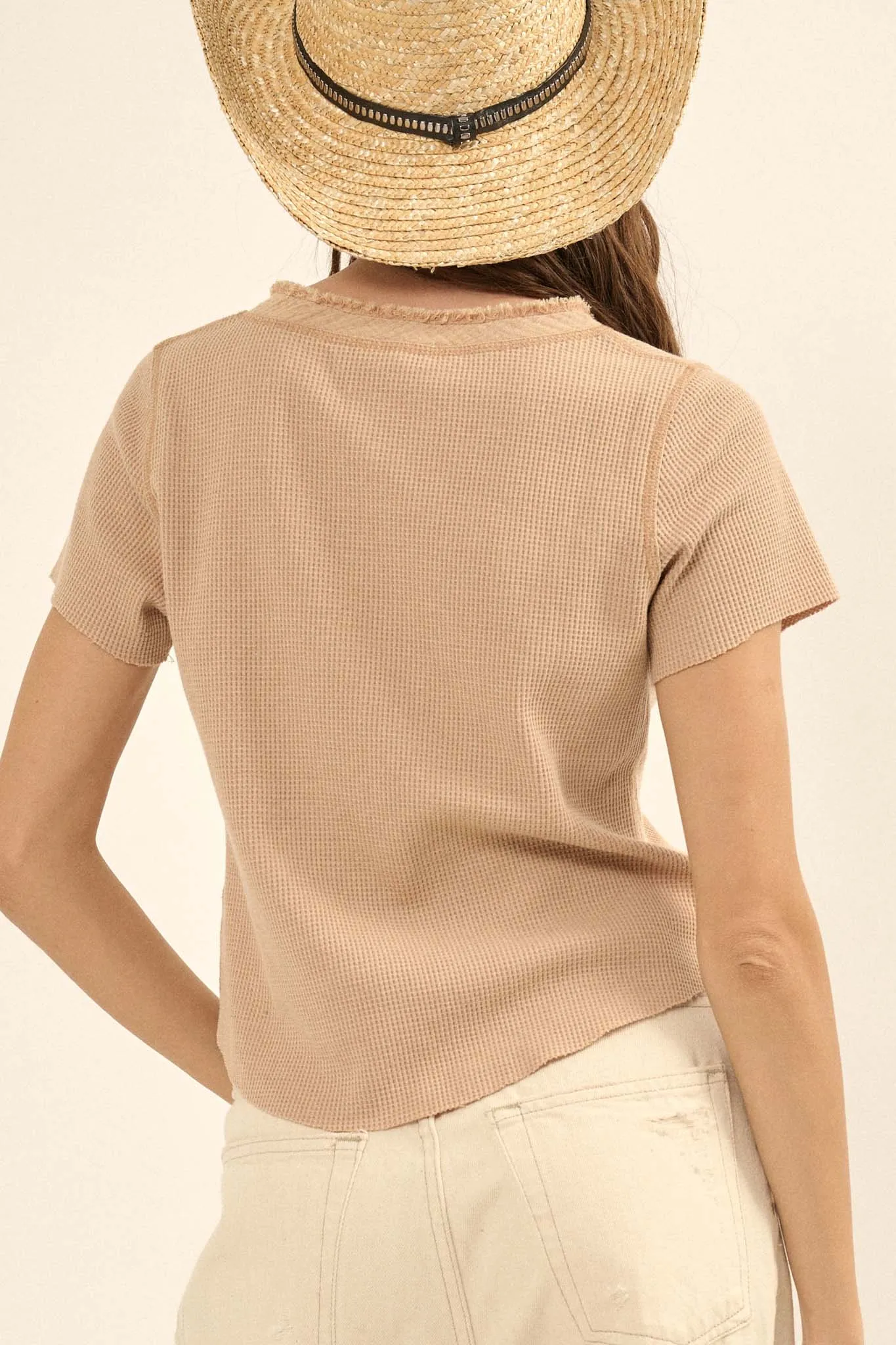 Casually Cool Waffle Knit Raw-Edge Henley Tee