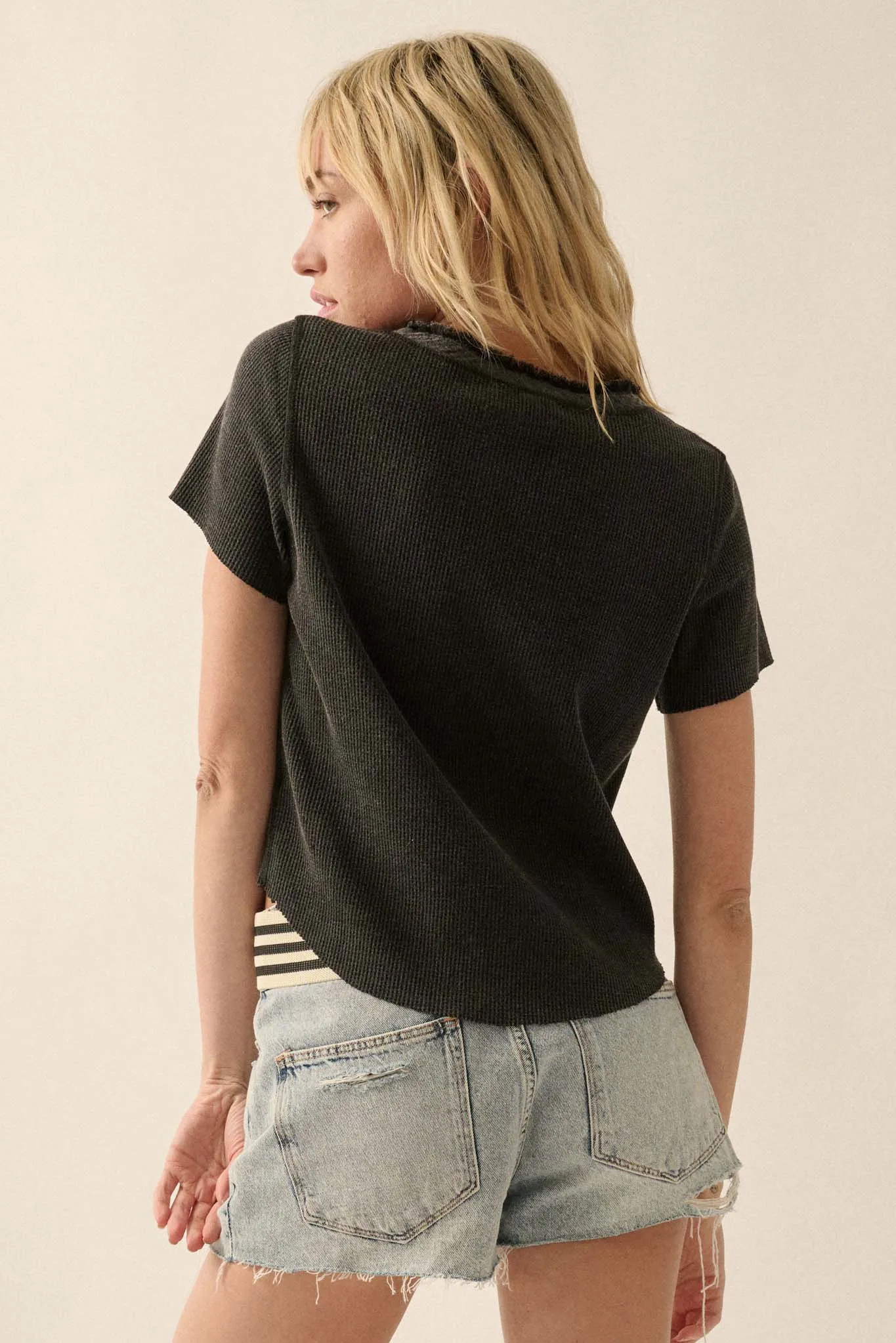 Casually Cool Waffle Knit Raw-Edge Henley Tee