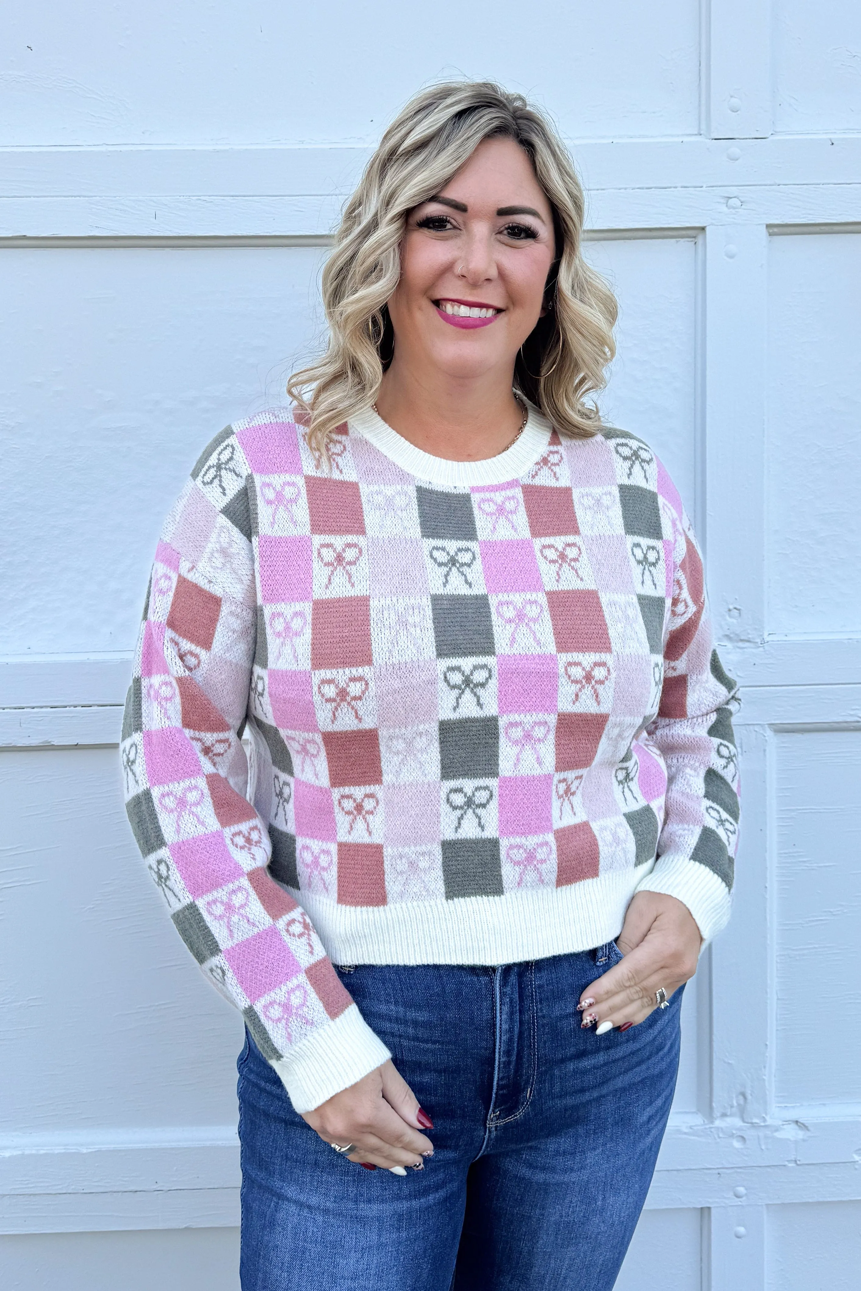 Checkered Bows Cropped Sweater