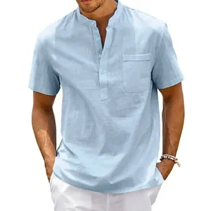 Cotton Linen Shirt Men's Henley Neck Pocket Short Sleeve Solid Color Streetwear