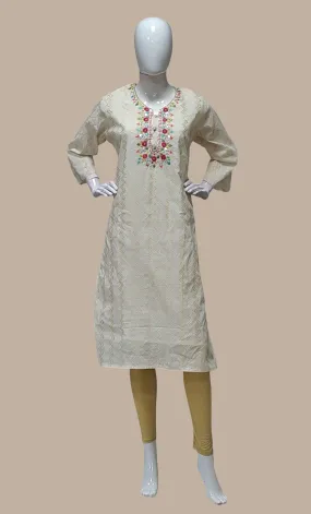 Cream Embroidered Kurti Top