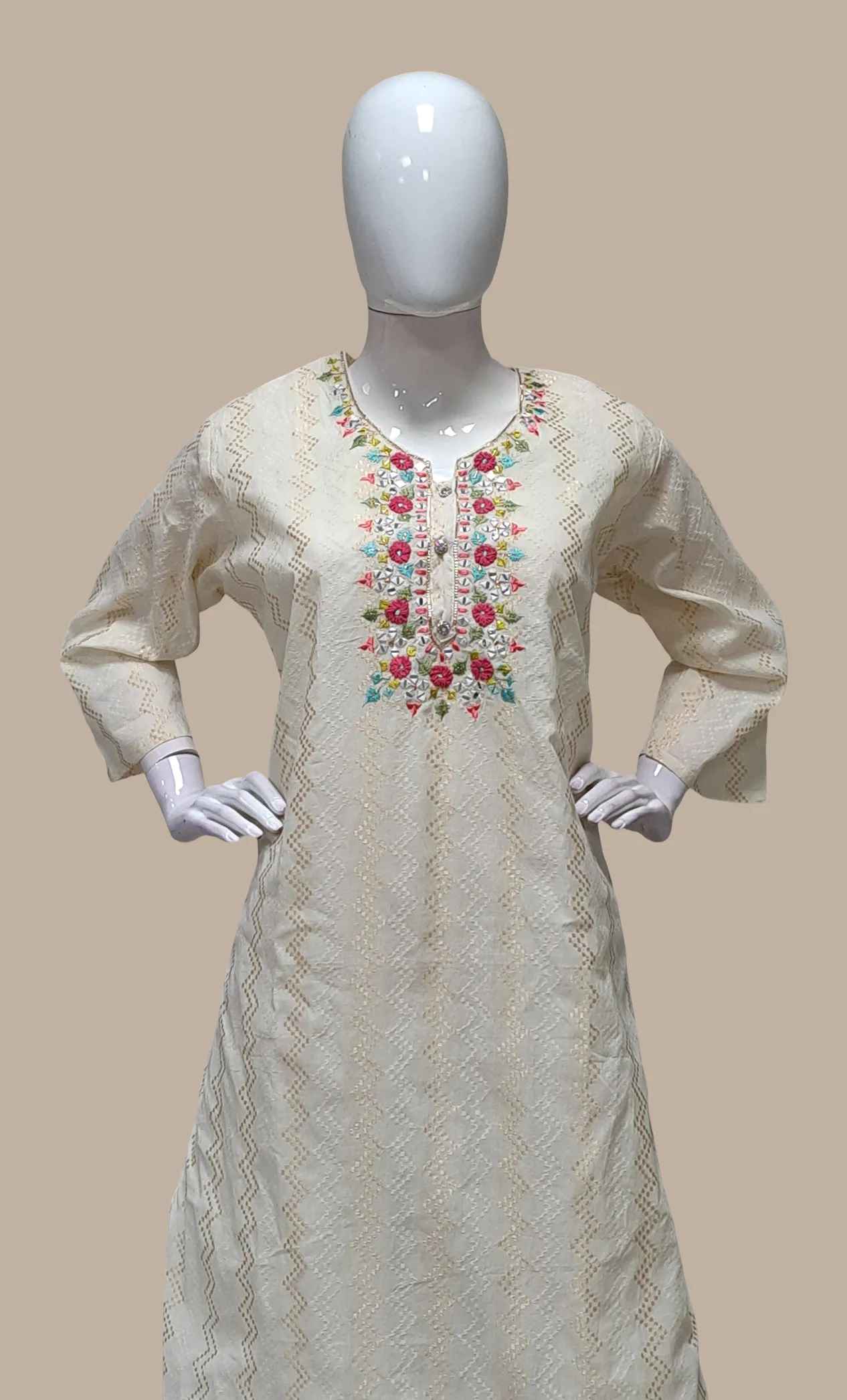 Cream Embroidered Kurti Top