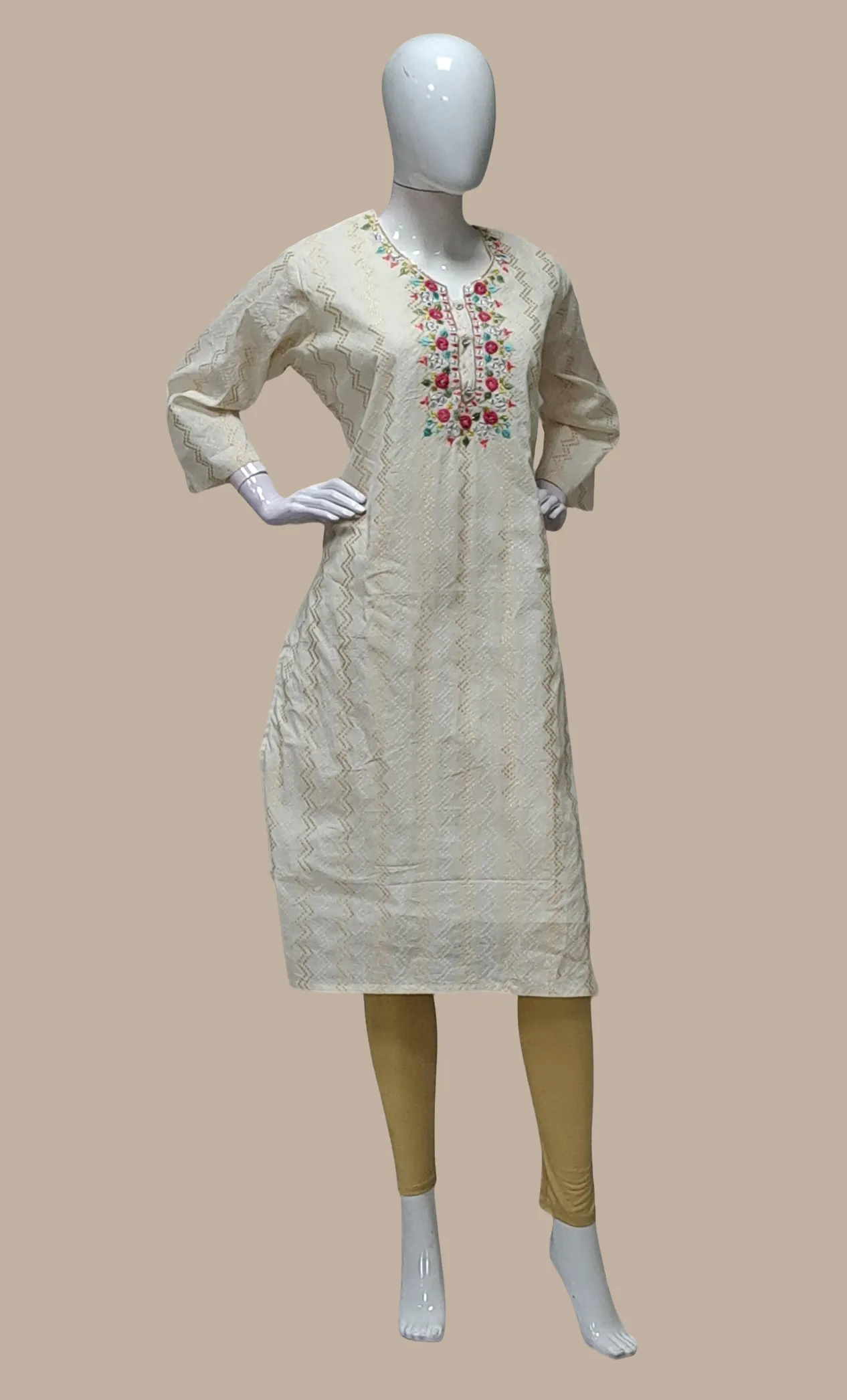 Cream Embroidered Kurti Top