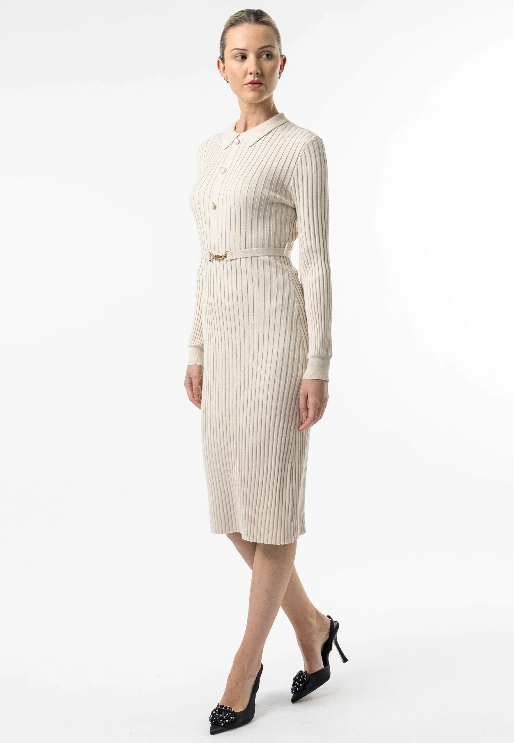 Cream Long Sleeve Knit Shirt Dress with Belt