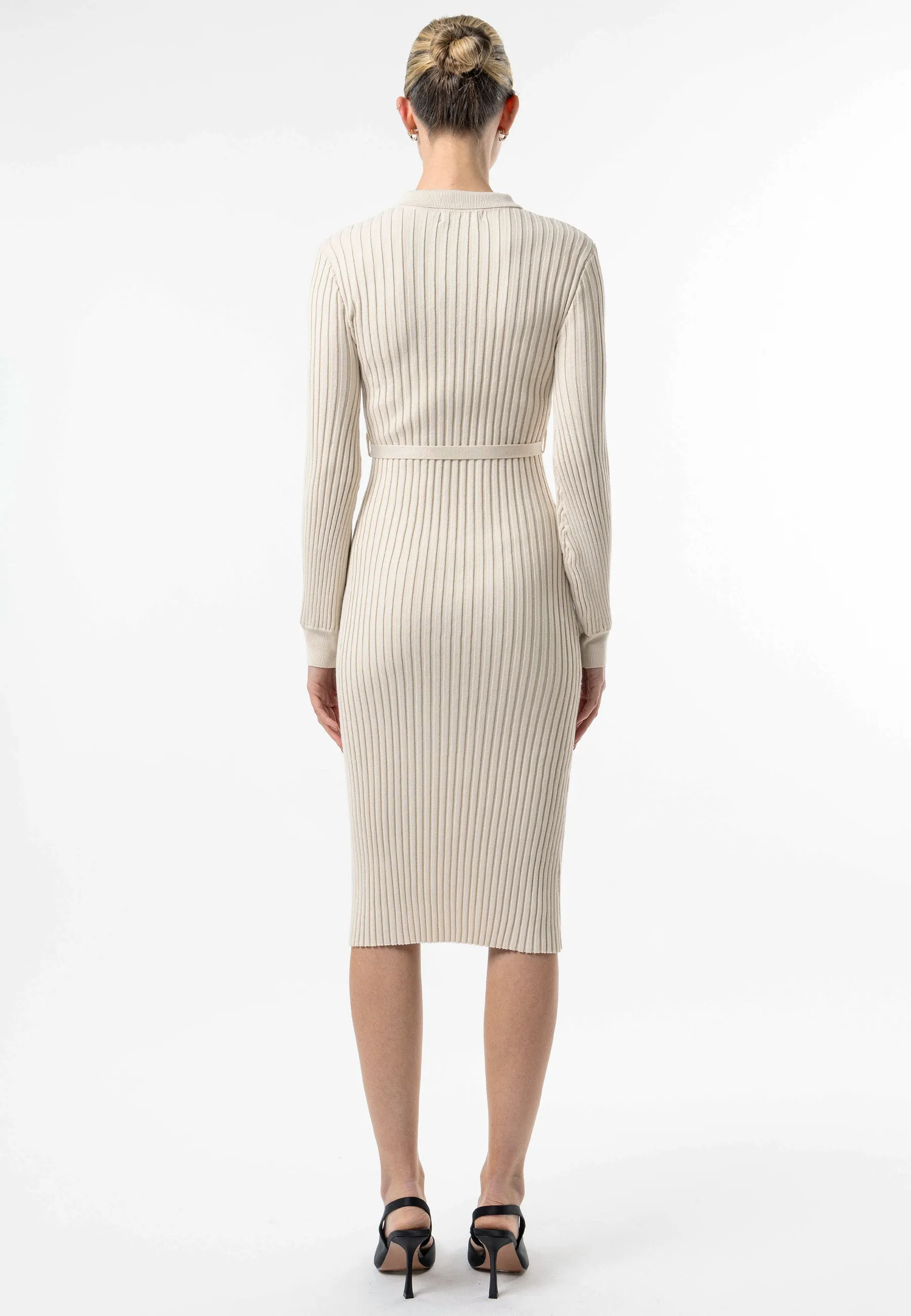 Cream Long Sleeve Knit Shirt Dress with Belt