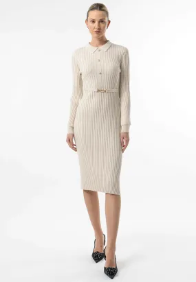 Cream Long Sleeve Knit Shirt Dress with Belt