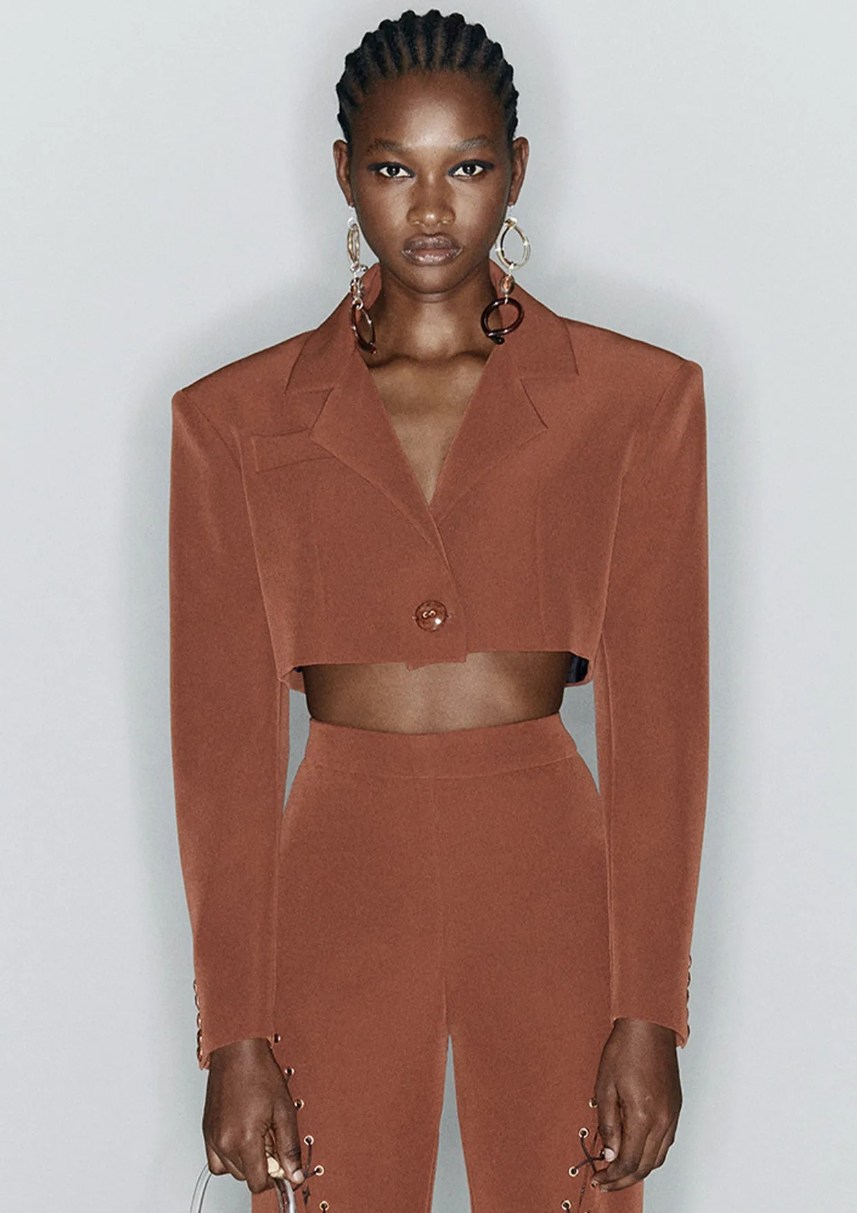 Cropped Oversized Shoulders Crepe Jacket