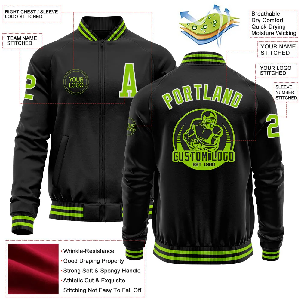 Custom Black Neon Green-White Bomber Varsity Letterman Zipper Jacket