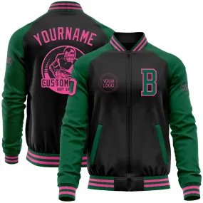 Custom Black Pink-Kelly Green Bomber Varsity Letterman Two Tone Zipper Jacket