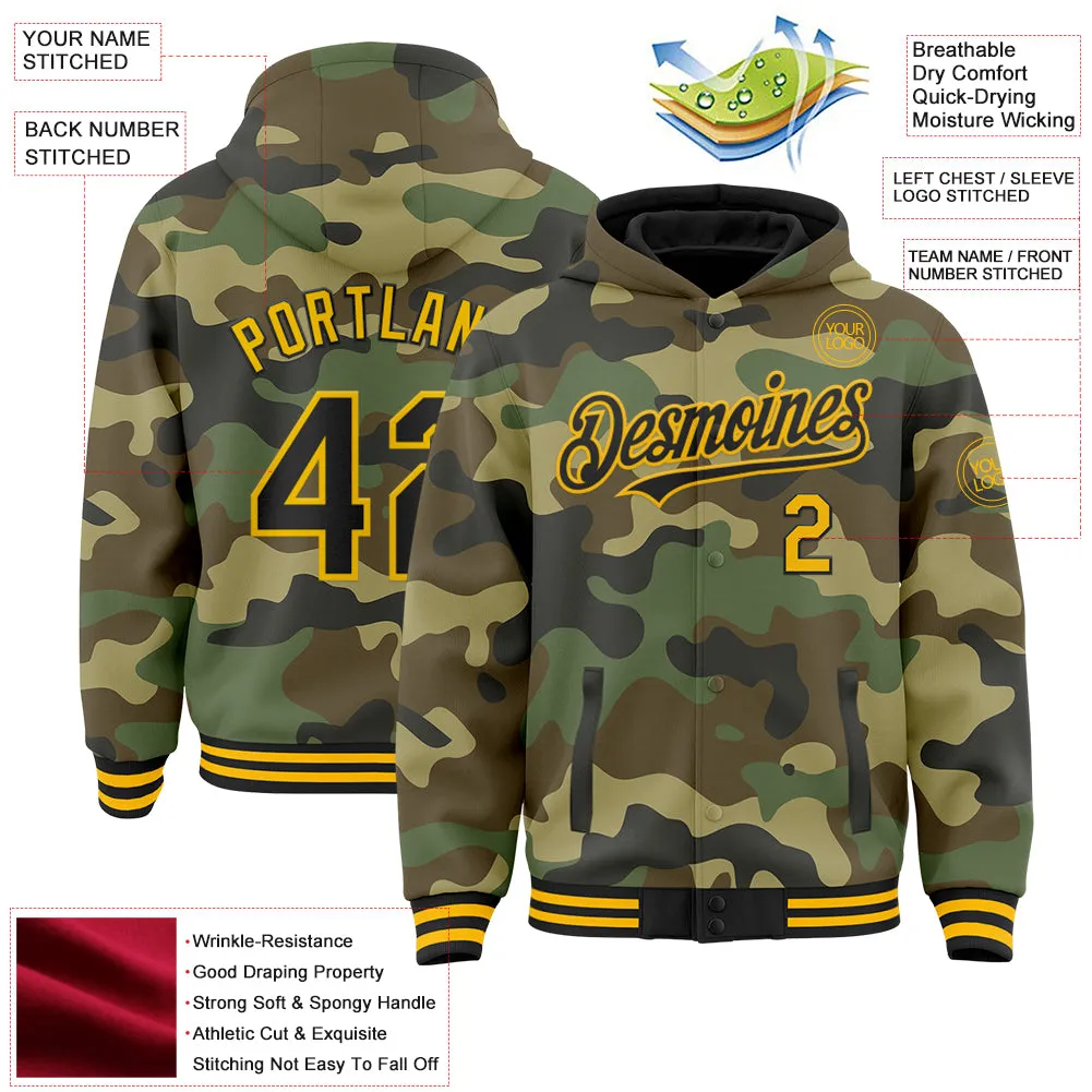 Custom Camo Black-Gold Bomber Full-Snap Varsity Letterman Salute To Service Hoodie Jacket