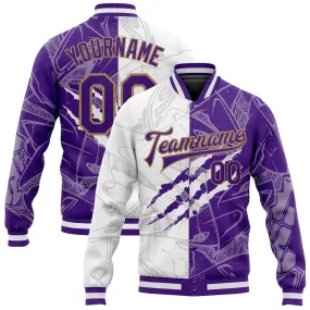 Custom Graffiti Pattern Purple-Old Gold Scratch 3D Bomber Full-Snap Varsity Letterman Jacket