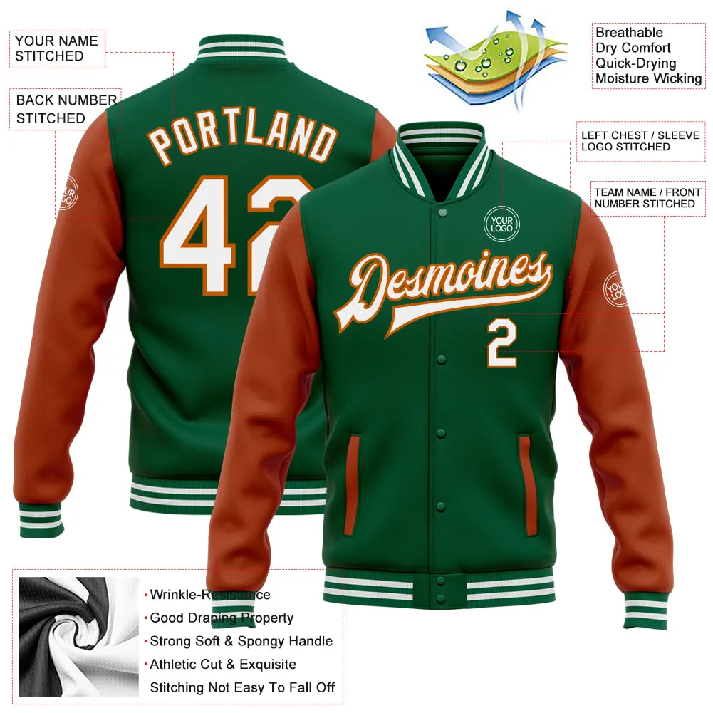 Custom Kelly Green White-Texas Orange Bomber Full-Snap Varsity Letterman Two Tone Jacket