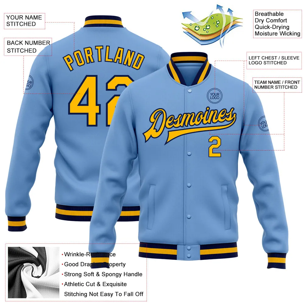 Custom Light Blue Gold-Navy Bomber Full-Snap Varsity Letterman Jacket