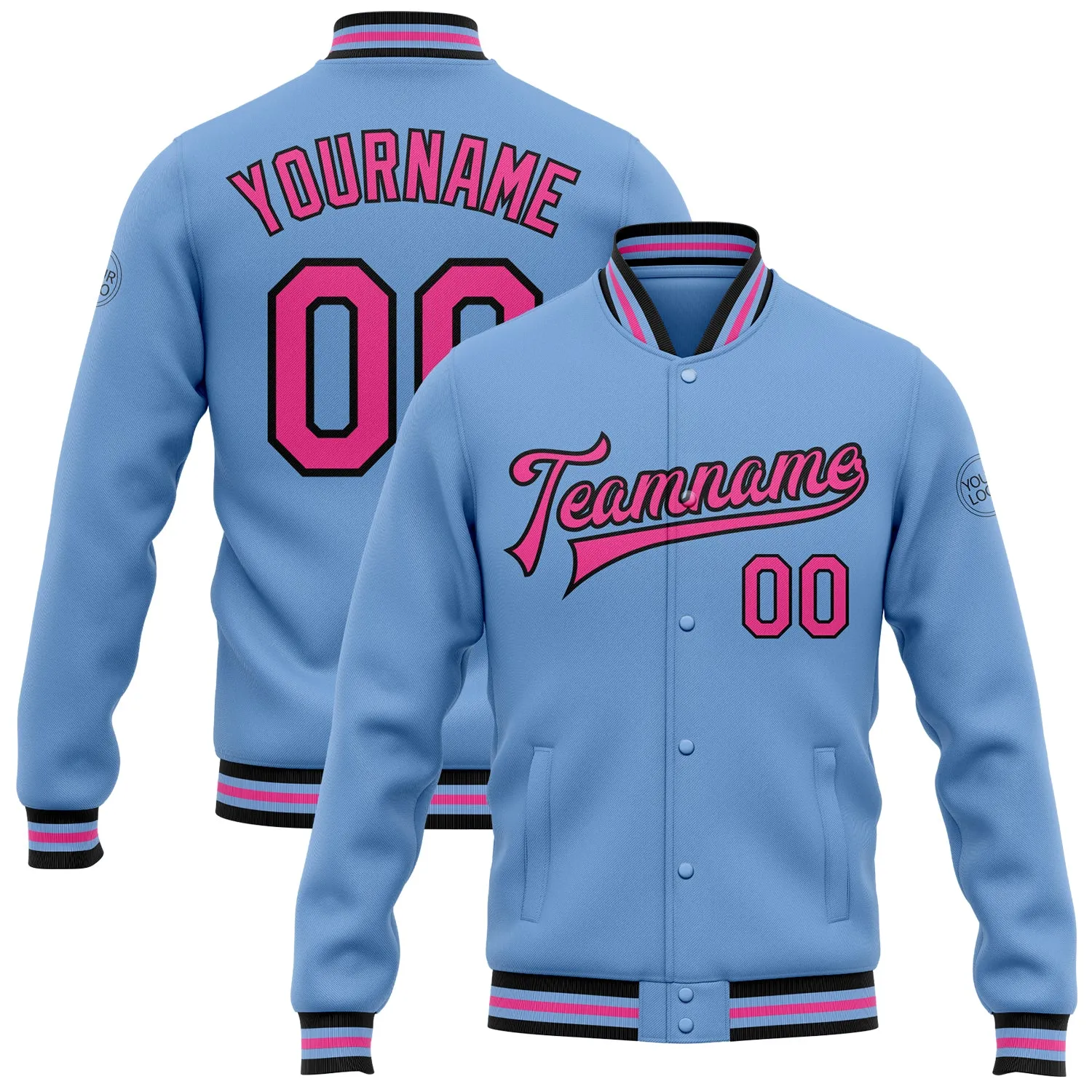 Custom Light Blue Pink-Black Bomber Full-Snap Varsity Letterman Jacket