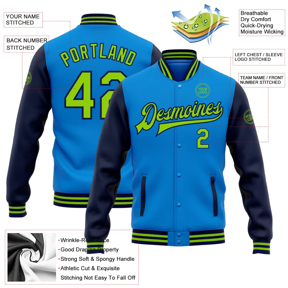 Custom Powder Blue Neon Green-Navy Bomber Full-Snap Varsity Letterman Two Tone Jacket