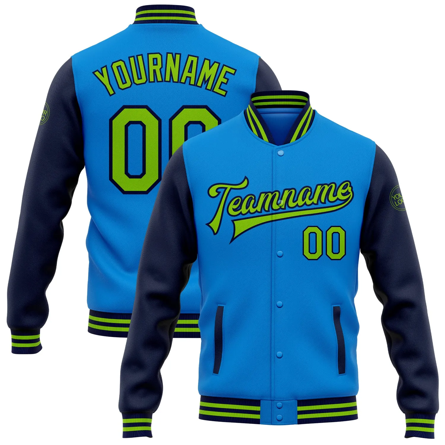 Custom Powder Blue Neon Green-Navy Bomber Full-Snap Varsity Letterman Two Tone Jacket