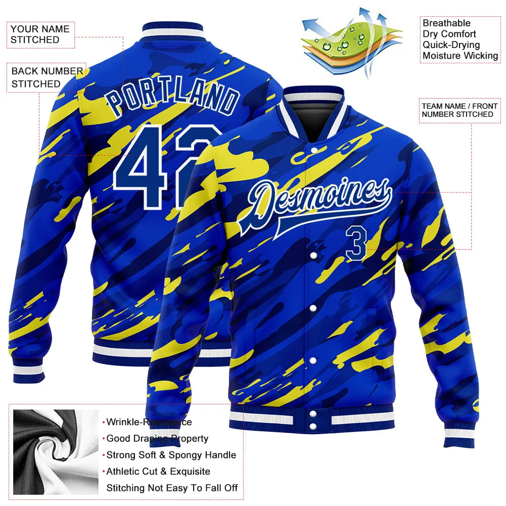 Custom Royal Royal Gold-Black 3D Pattern Design Bomber Full-Snap Varsity Letterman Jacket