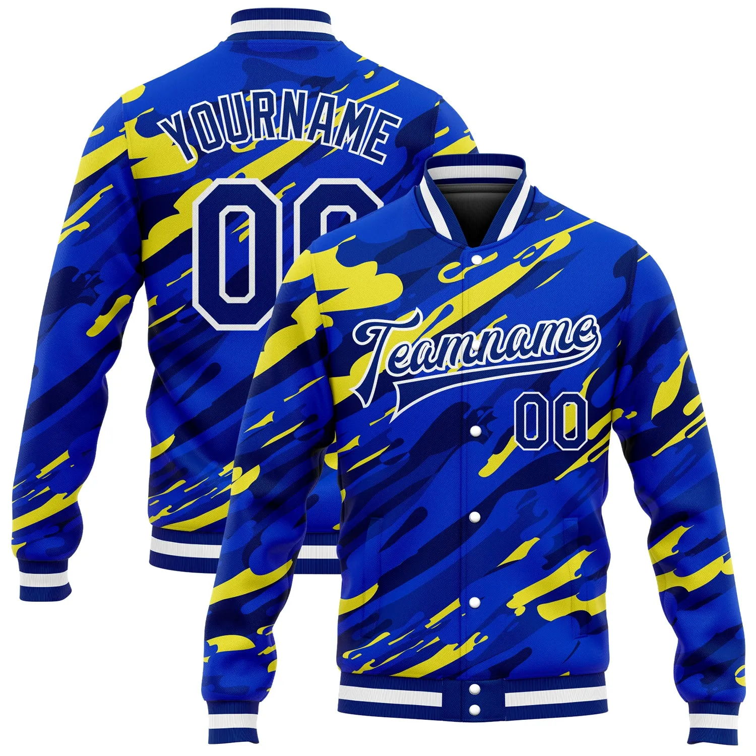 Custom Royal Royal Gold-Black 3D Pattern Design Bomber Full-Snap Varsity Letterman Jacket