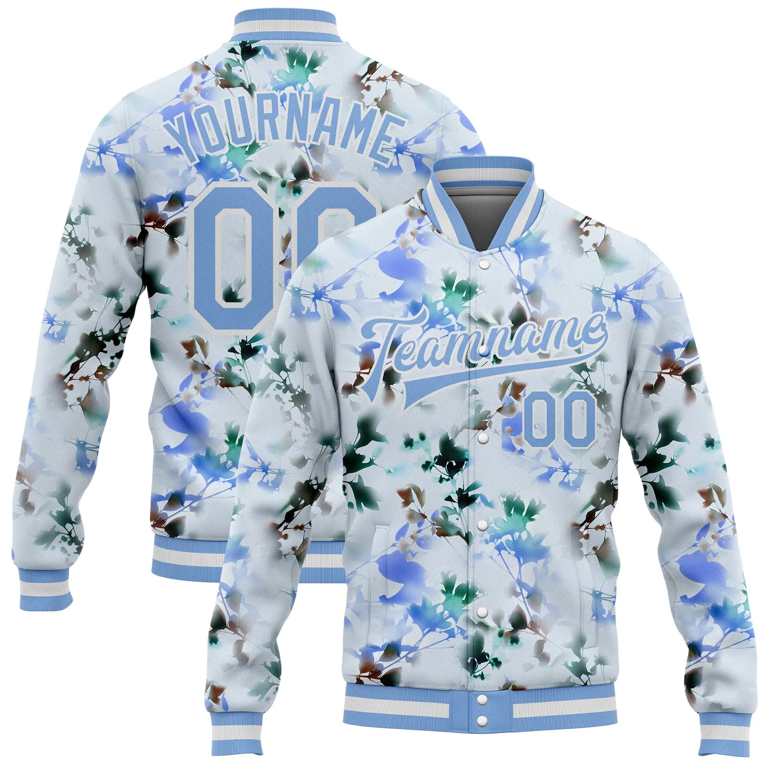 Custom White Light Blue Branches And Leaves 3D Pattern Design Bomber Full-Snap Varsity Letterman Jacket