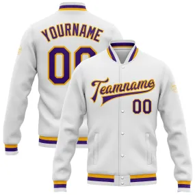 Custom White Purple-Gold Bomber Full-Snap Varsity Letterman Jacket