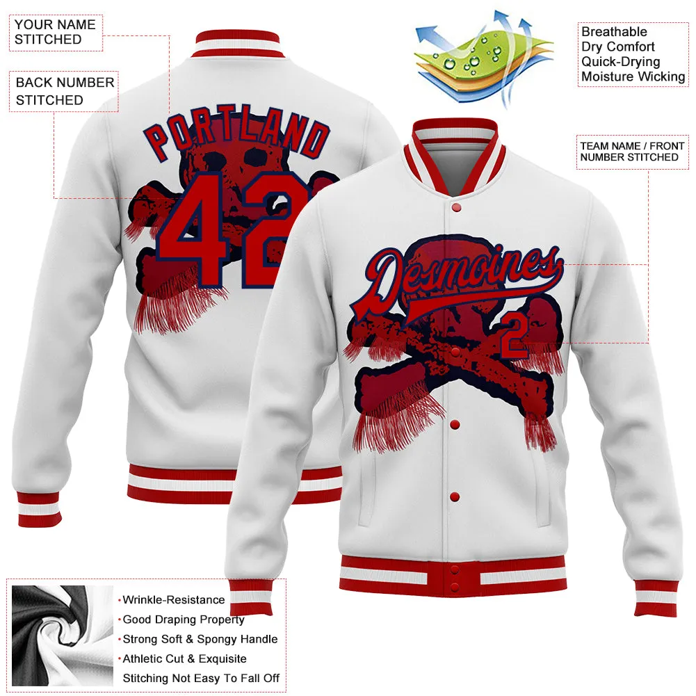 Custom White Red-Navy Skull Fashion 3D Bomber Full-Snap Varsity Letterman Jacket