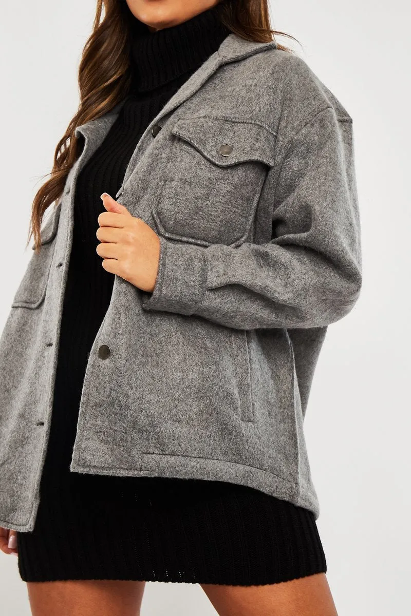 Dark Grey Pocket Oversized Brushed Shacket - Caley