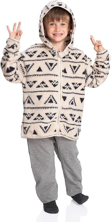 Desert Mirage: Boys Beige Print Sherpa Jacket - Stylish Zip-Up Comfort for Young Adventurers