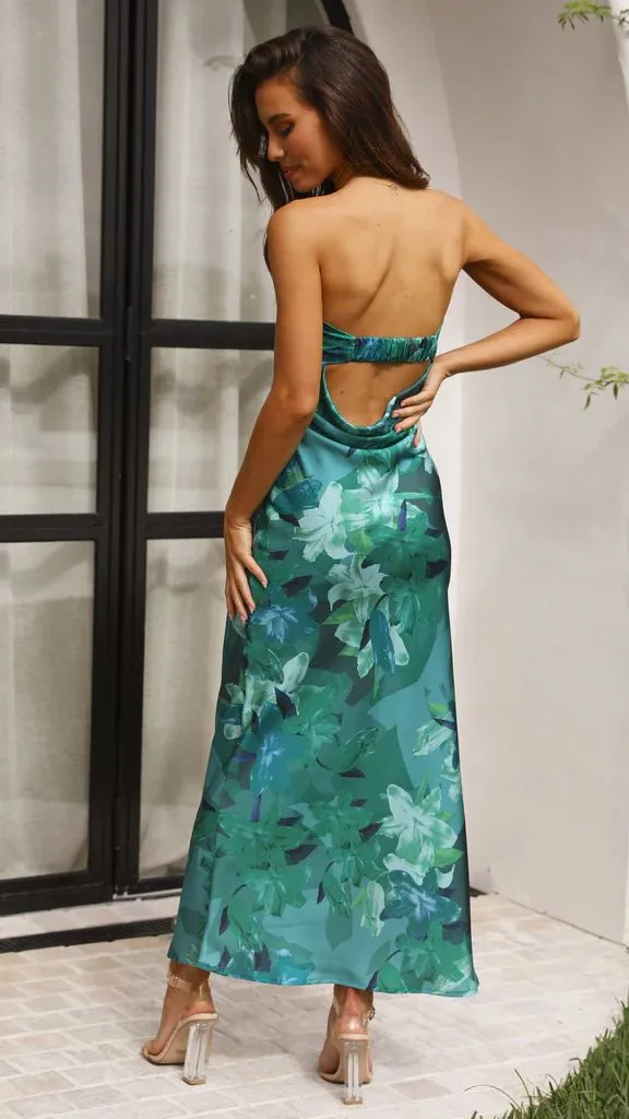 Elegant Satin Backless Bustier Printed Maxi Dress