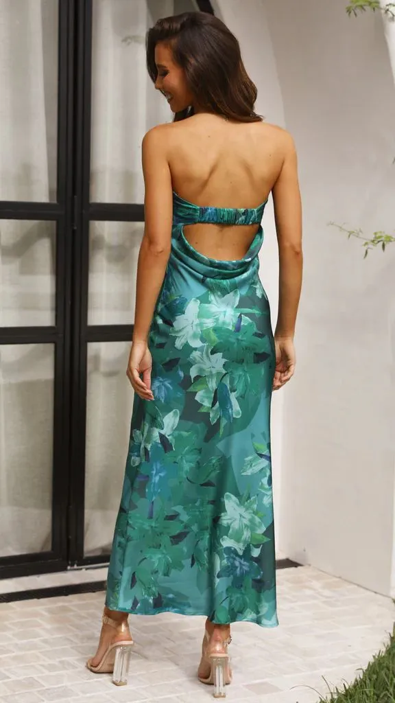 Elegant Satin Backless Bustier Printed Maxi Dress