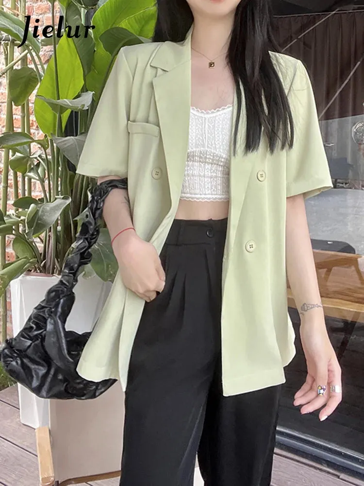 Fashion Casual Women Blazers Summer Korean Style Suit Jacket Female Short Sleeve Office Lady Green Black Coat M-4XL