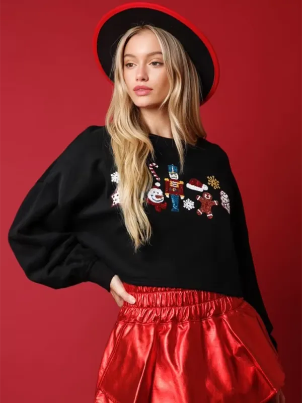 Festive Nutcracker Sequined Crop Sweatshirt - Holiday Special